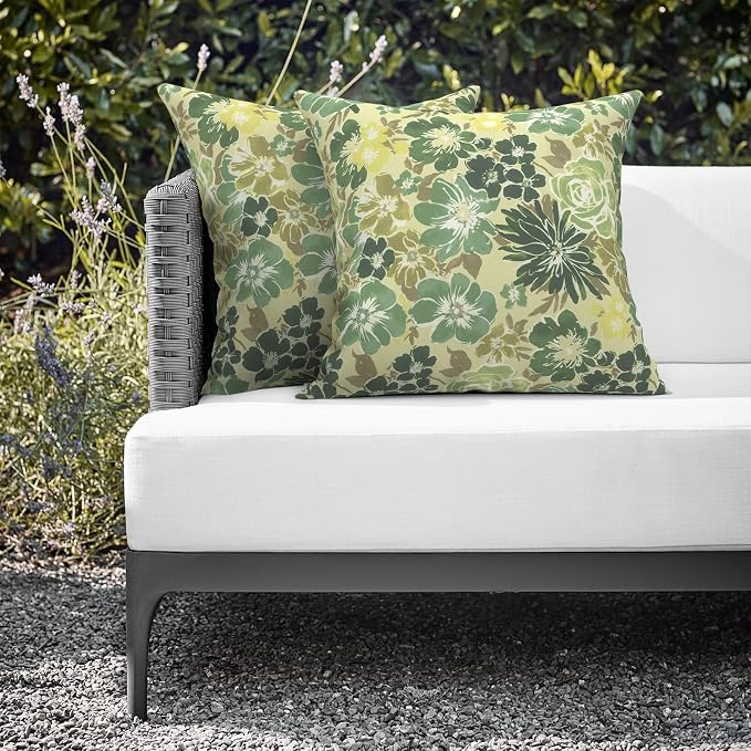 Outdoor Throw Pillows 16x16 Inch, Water Repellent Patio Pillows with Inners Set of 2 for Patio Furniture Home Graden, Green Rose