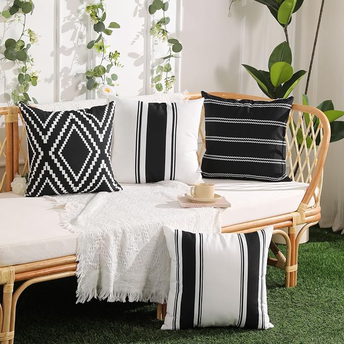 DFXSZ Outdoor Black Waterproof Geometry Pillow Covers 18x18 Set of 4 | Spring Summer Waterproof Modern Throw Pillowcases（No Inserts） Outdoor Decor for Patio Funiture Garden Polyester Covers