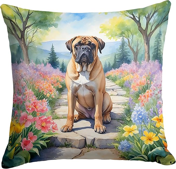 Caroline's Treasures Bullmastiff Spring Path Throw Pillow Machine Washable, Indoor Outdoor Decorative Pillow for Couch, Bed or Patio, 14Hx14W