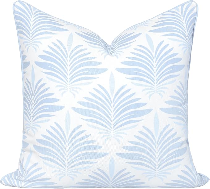 Hofdeco Premium Grandmillennial Coastal Hampton Patio Indoor Outdoor Throw Pillow Cover Only, 20"x20" Water Repellent for Backyard, Couch, Poolside, Baby Blue Print Abstract Plam Leaves