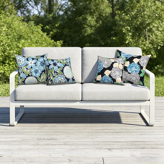 Outdoor Pillows with Insert 18x18 Inch, Waterproof Throw Pillow for Patio Furniture, Decorative Back Cushion for Garden Home Sofa Office Chair, Set of 2, Peony Garden