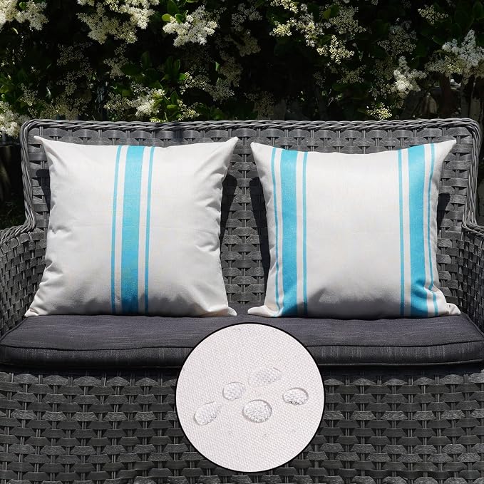 ONWAY Outdoor Pillow Covers Waterproof 20x20 Set of 2 Decorative Linen Throw Pillow Cover Beige and Blue Striped Outdoor Pillows for Patio Furniture