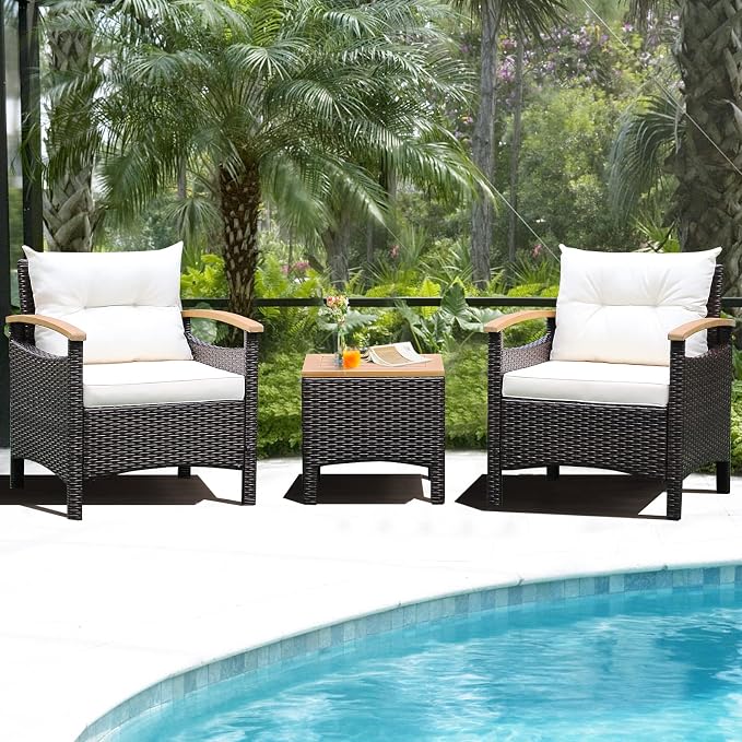 HAPPYGRILL 3-Piece Patio Furniture Set Outdoor PE Rattan Bistro Set with Coffee Table, Soft Seat Cushions & Throw Pillows, Acacia Wood Conversation Set for Patio Courtyard Poolside