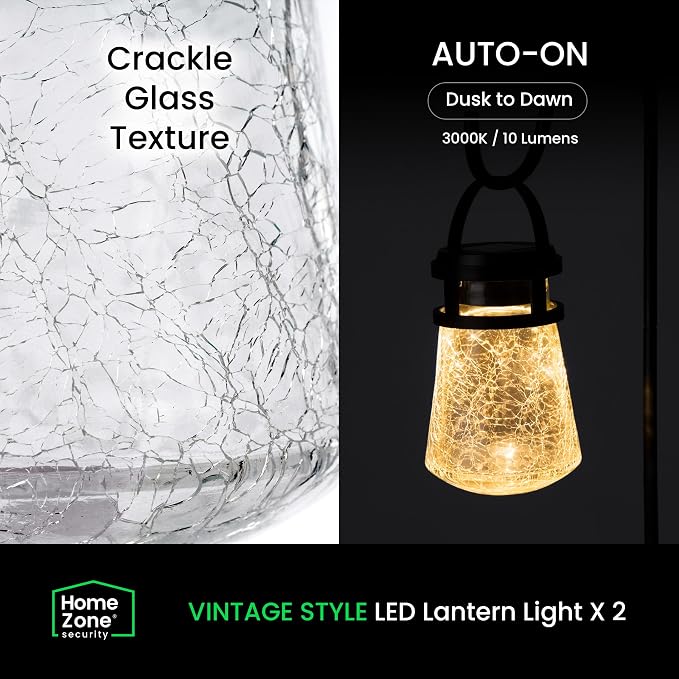 Home Zone Living 2PK Solar Crackle Glass Lanterns Hanging Light | Outdoor Waterproof 10 Lumens 3000K Decorative Large Garden LED Lights, Wiring for Patio Backyard Garden, Yard, Pathway