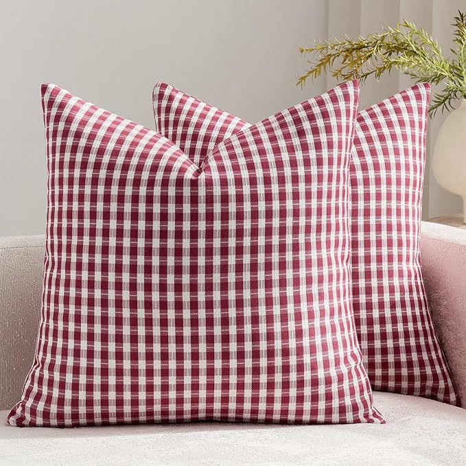 Summer Outdoor Throw Pillow Covers 18x18 Set of 2, Maroon Red Plaid Waterproof Pillow Cases Modern Gingham Farmhouse Decorative Cushion Covers for Couch Balcony Patio