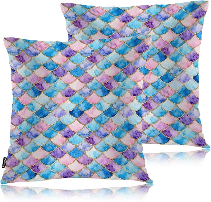 Swono Mermaid Scales Decorative Throw Pillow Cushion Covers, Rainbow Mermaid Fish Scales Cozy Pillowcase Home Decor, Double-Sided Printed Pillow Covers for Bedroom Livingroom Office 18x18 Set of 2