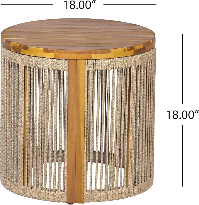 Christopher Knight Home Kimmy Outdoor Side Table with Rope Accent, Acacia Wood Coffee Table, Patio Round Side Table, Weather Resistant Accent Table for Outdoor Patio Furniture Set, Brown + Teak