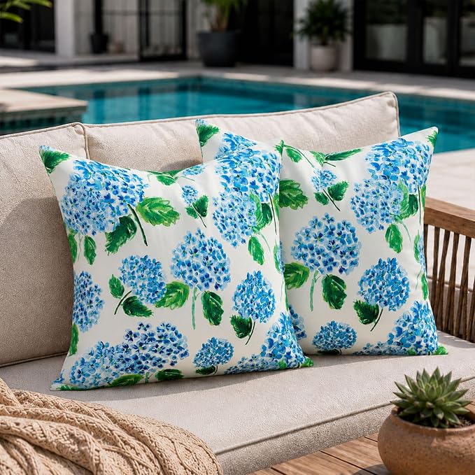 DFXSZ Outdoor Pillow Covers 20x20 Inch Set of 2 Blue Hydrangea Decor Waterproof Throw Pillow Covers Spring Summer Outdoor Waterproof Pillowcases Decor for Patio Funiture Garden Sofa Couch 026A20