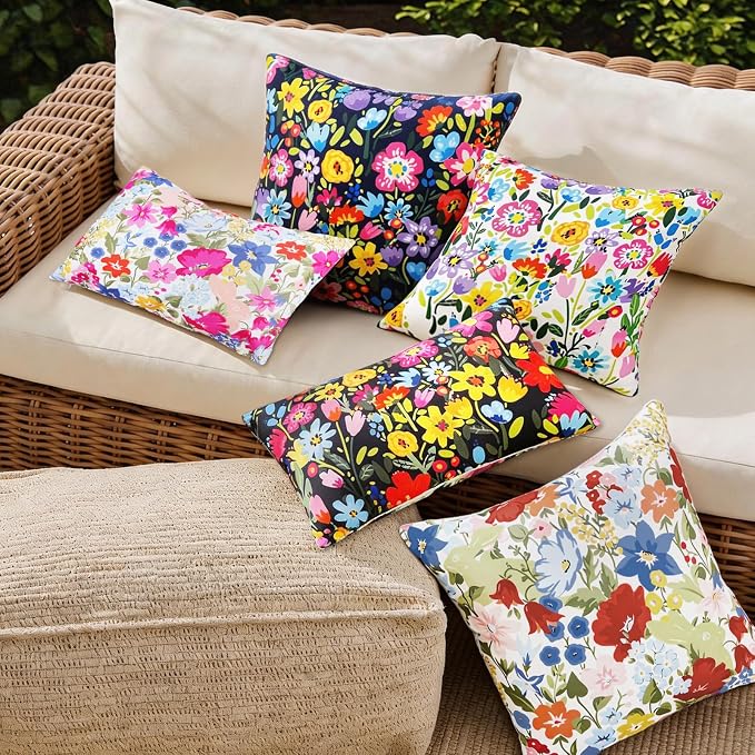 Adabana Outdoor Waterproof Floral Pillow Covers 12x20 Inch | Colorful Outdoor Pillow Covers Summer Decirative for Patio Furniture Porch Garden Pillows