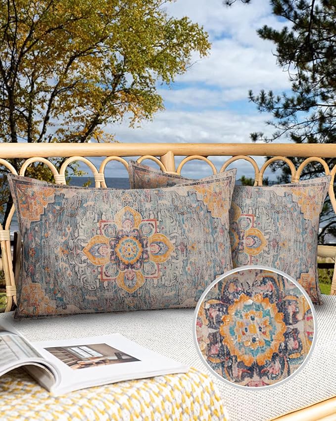 Prime Leader Outdoor Waterproof Pillow Covers Set of 2, Geometric Abstract Carpet Flowers Pattern Yellow Patio Throw Pillow Covers, Decorative Cushion Case for Couch Sofa Furniture Garden, 20x12 Inch