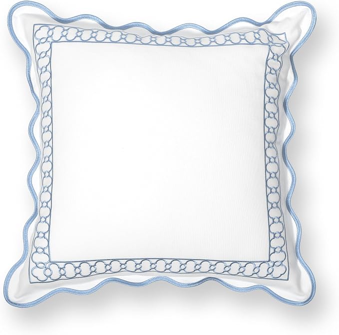 Hofdeco Premium Coastal Patio Indoor Outdoor Scalloped Throw Pillow Cover Only, 20"x20" Water Repellent for Backyard, Couch, Baby Blue Embroidered Begonia Pattern Chain Frame
