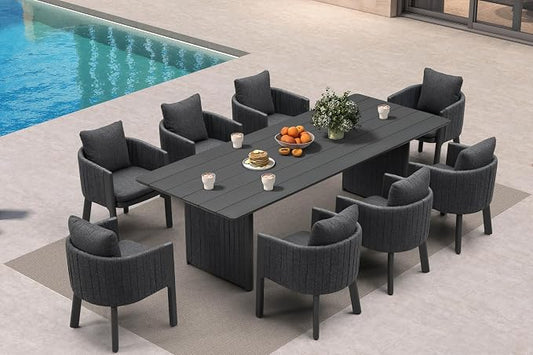 PURPLE LEAF Luxury 9-Piece Outdoor Dining Set for 8 Powder-Coated Aluminum Patio Table and Handwoven Olefin Rope Chairs with Cushions Modern Weather-Resistant Patio Furniture Carbon Slate Color