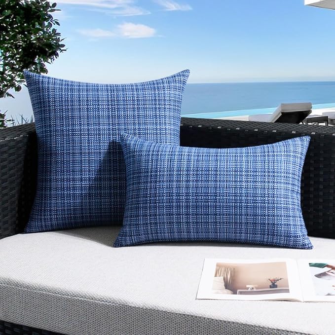 UGASA Outdoor Waterproof Throw Pillow Covers Pack of 2 Patio Water Resistant Pillow Cases Summer Woven Texture Decorative for Outside Garden Porch Yard Bench Tent 18x18 Inch, Navy Blue