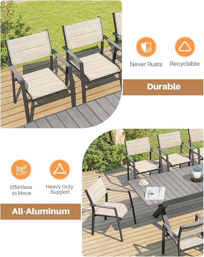 4 Pieces Outdoor Stackable Dining Chairs, Never-Rust Aluminum Stackable Patio Chairs, Patio Dining Chair Set of 4 with Double-Layer Thickened Textilene for Deck, Garden, Poolside, Limed Oak
