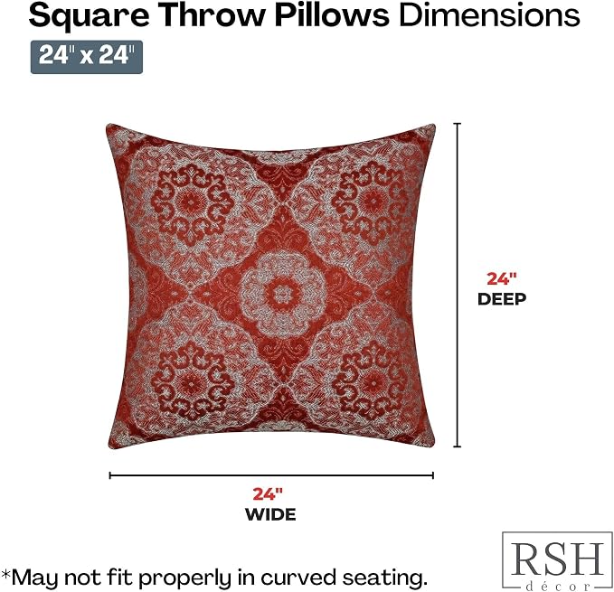 RSH DECOR: Outdura Square Throw Pillows Set of 4 | 24" x 24" | Water and Fade-Resistant Performance Fabric | Outdoor Pillow Covers with Down-Alternative Inserts | Made in USA (Ayorline Flamin)