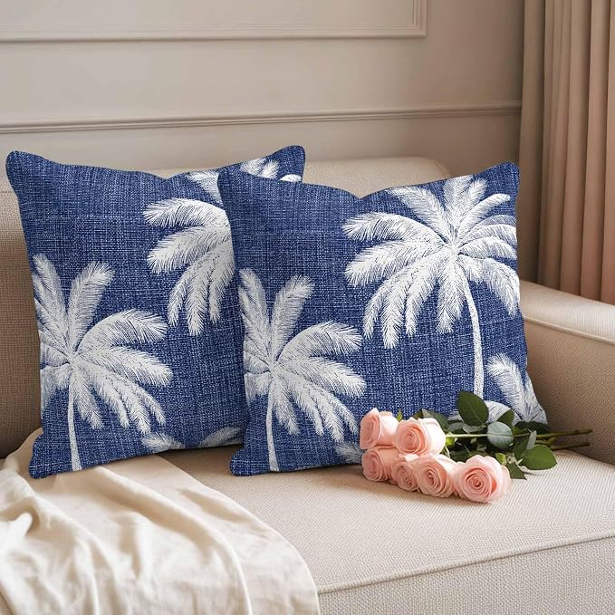 Outdoor Pillow Covers 26x26 Inch Set of 2, Indigo Blue Palm Trees Waterproof Throw Pillow Covers, Farmhouse Tropical Summer Beach Decorative Cushion Pillowcases for Couch, Sofa, Bed, Garden, Patio