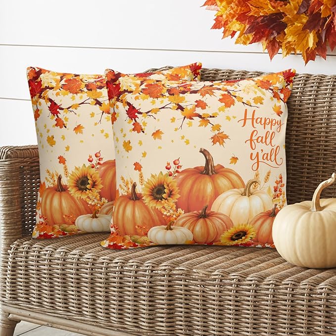 Orange Fall Waterproof Outdoor Pillow Covers 26''x26'' Set of 2, Maple Tree Branch Thanksgiving Pumpkin Patio Cushion Covers for Chairs,Decorative Countryside Leaves Pillow Cases for Garden/Pool/Beach