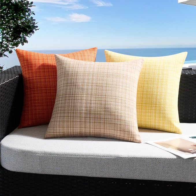 UGASA Outdoor Waterproof Throw Pillow Covers Pack of 2 Patio Water Resistant Pillow Cases Summer Woven Texture Decorative for Outside Garden Porch Yard Bench Tent 18x18 Inch, Beige