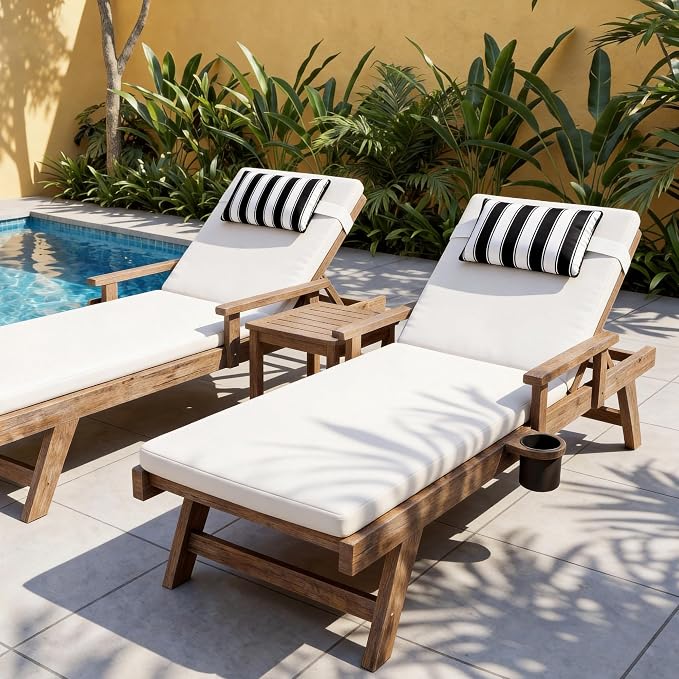 Outdoor Lounge Chair Headrest Pillow 16x11 Inch, Black Striped Waterproof Lumbar Pillows with Insert Adjustable Elastic Strap, Neck Attachment for Recliner Patio Beach Pool Office, 2 Pack