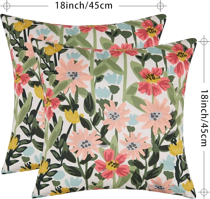 Pyonic Outdoor Pillows Covers Pack of 2 Spring Summer Floral Waterproof Throw Pillow Covers 18X18 inch Outdoor Pillows for Patio Furniture Garden Square Outside Waterproof Pillow
