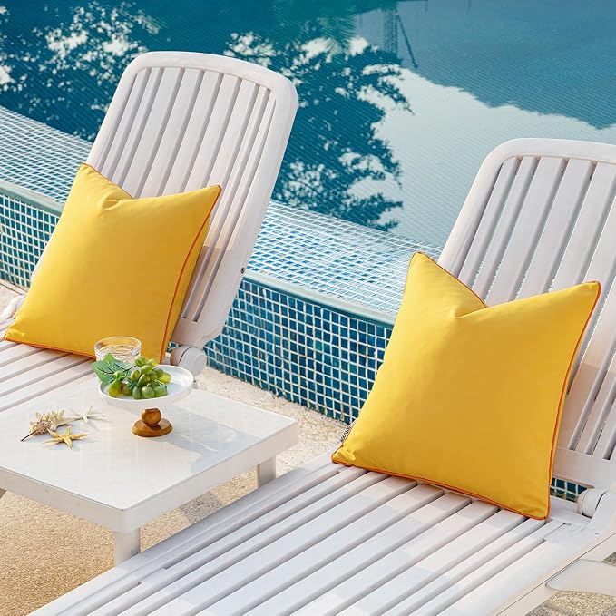 MIULEE Outdoor Waterproof Pillow Covers 18x18 Yellow-Coral Red Pack of 2 | Decorative Farmhouse Throw Pillow Covers with Piping,Square Solid Color,Patio Furniture,Summer Couch Tent Sofa Living Room