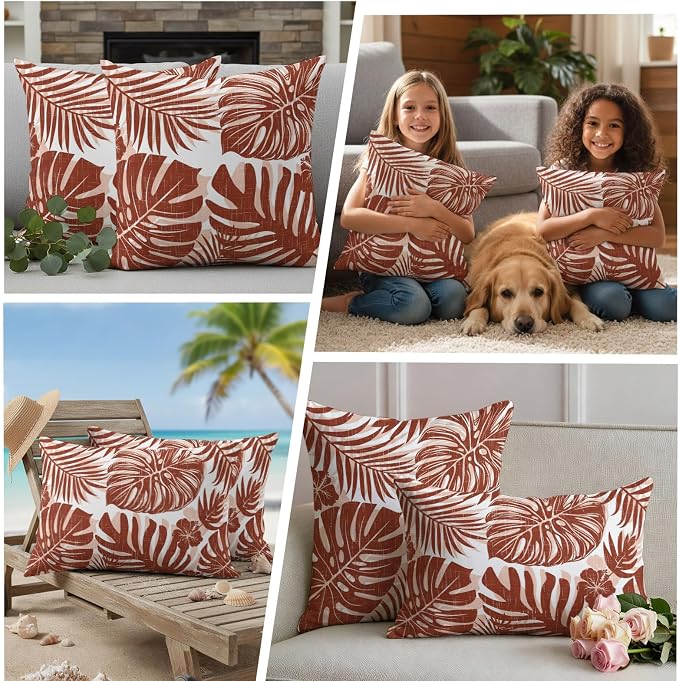 Copper Palm Leaves Outdoor Pillow Covers 20"x20" Set of 2, Tropical Botanical Minimalist Modern Waterproof Throw Pillow Covers for Patio Furniture, Decorative Cushion Covers for Porch