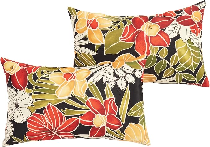 South Pine Porch Outdoor 19x12-inch Rectangle Accent Pillow (Set of 2), Aloha Black Floral