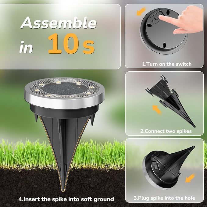 INCX 16Pack Solar Ground Lights Outdoor, 8 LED, IP65 Waterproof, Warm White | 600mAh Ni-MH battery, 8-10h runtime, stainless steel, ABS and PP body, solar garden lights for pathways, lawns and driveways