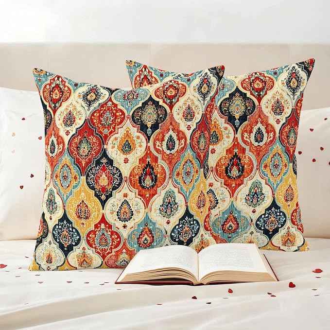 Bohemian Floral Outdoor Pillow Covers 18"x18" Set of 2, Moroccan Exotic Colored Floral Waterproof Throw Pillow Covers for Patio Furniture, Decorative Cushion Covers for Porch
