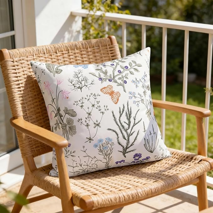 Pyonic Waterproof Outdoor Pillow Covers 18x18 Inch Set of 2 Sage Green Wild Flower Plant Butterfly Outdoor Pillows for Patio Furniture Porch Chair Spring Summer Decoration for Home