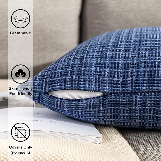 Kevin Textile Outdoor Waterproof 20x20 Inch Pillow Covers 2 Pack, Navy Blue | Water Resistant, Faux Linen Yarn-dyed, Woven Texture Throw Pillow Covers for Tent Patio Garden Couch Sofa
