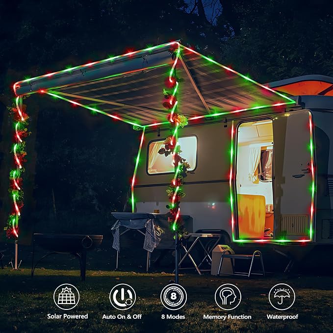 Solar Rope Lights, 2 Packs Total 132ft 400LED Solar String Lights, 8 Modes Waterproof Solar Outdoor Light, Flexible Clear Trampoline Light for Garden Backyard Patio Deck Pool Tree Decor - Red & Green