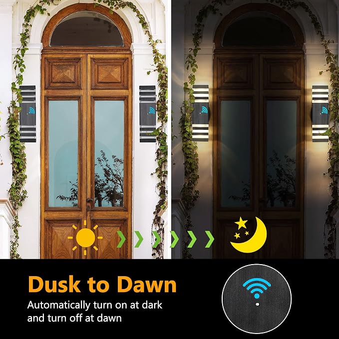 1 Pack Dusk to Dawn Outdoor Wall Lights Fixture, Up and Down LED Outdoor Wall Sconce Porch Lights, IP65 3000K Warm White Matte Black Exterior Lights for House Garage Front Porch