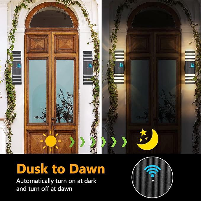 Dusk to Dawn Outdoor Wall Lights, Modern Exterior Light Fixture, 3-Layer Up and Down Matte Black Outdoor Lights IP65 3000K Warm White Waterproof Modern Wall Sconce for Garage Porch, 2 Pack