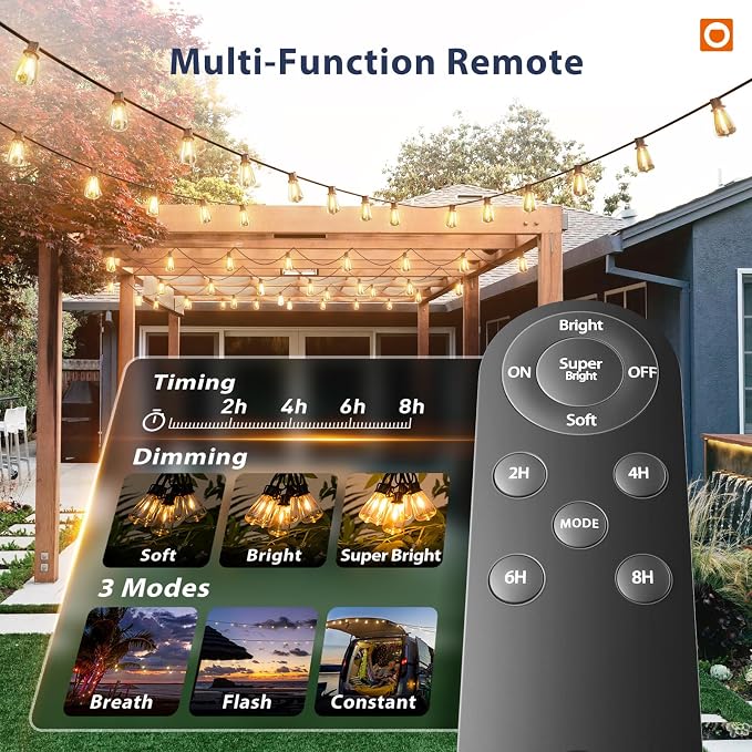 addlon 150FT(144+6) Solar String Lights Outdoor with Remote, Long-Lasting | Waterproof Patio Lights, Dimmable & Timable Hanging Solar Light with 45 LED Bulbs for Outside, Yard, Garden, Camping, Gazebo