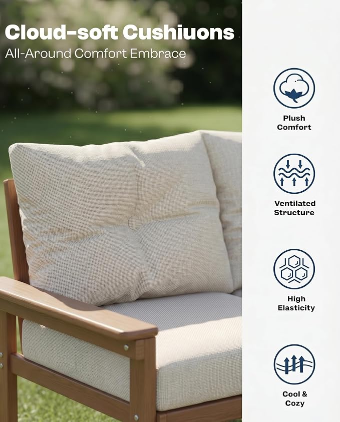 3 Piece HDPE Outdoor Patio Furniture Set, All-Weather 2 Armchairs with Side Table, Patio Conversation Set with Beige Washable Thick Cushion for Balcony/Porch/Backyard (Teak Frame)