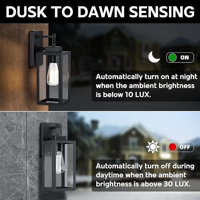 2 Pack 12 Inch Outdoor Wall Lights Dusk to Dawn,Exterior Sconce Lights with Sensor Photocell Black Wall Lantern for Porch Patio Garage Dusk to Dawn Outdoor Lighting Set of 2