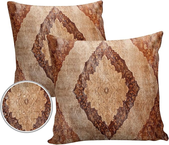 Outdoor Waterproof Pillow Covers Set of 2, Meddle Century Vintage Carpet Mural Pattern Brown Patio Throw Pillow Covers, Decorative Cushion Case for Couch Sofa Furniture Garden, 16x16 Inch