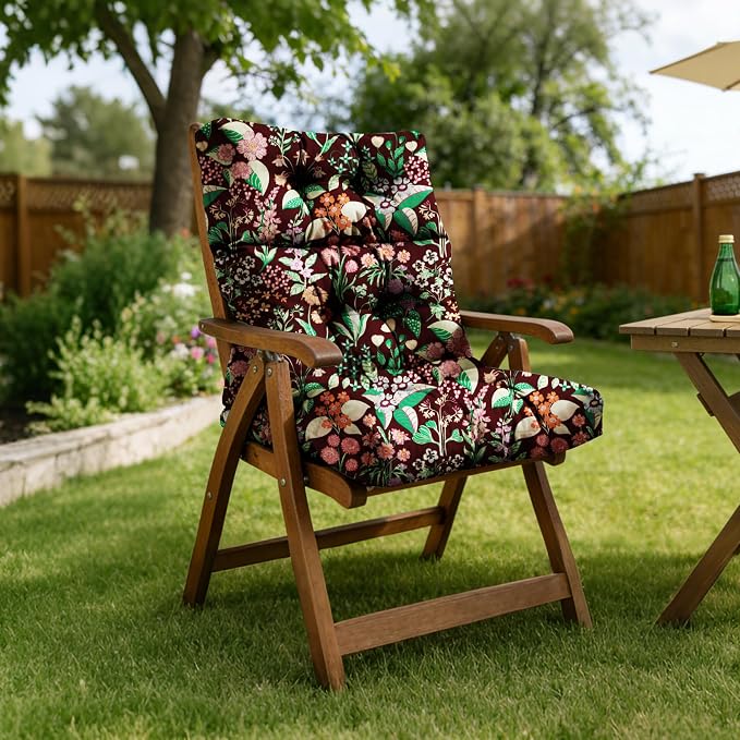 Tufted High Back Adirondack Chair Cushion 45"x21"x4",Floral | Patterned outdoor cushion with ties; premium padded design fits garden rocking chairs, multiple color options available