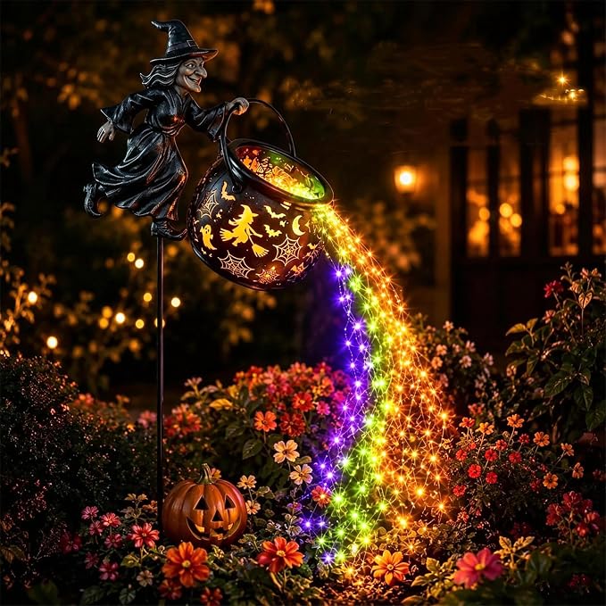 Halloween Witch Cauldron Garden Light, Colorful Waterfall-Style Light Flow Flying Witch Garden Stake, Halloween LED Projector Lights Decorations Outdoor for Yard Lawn Patio