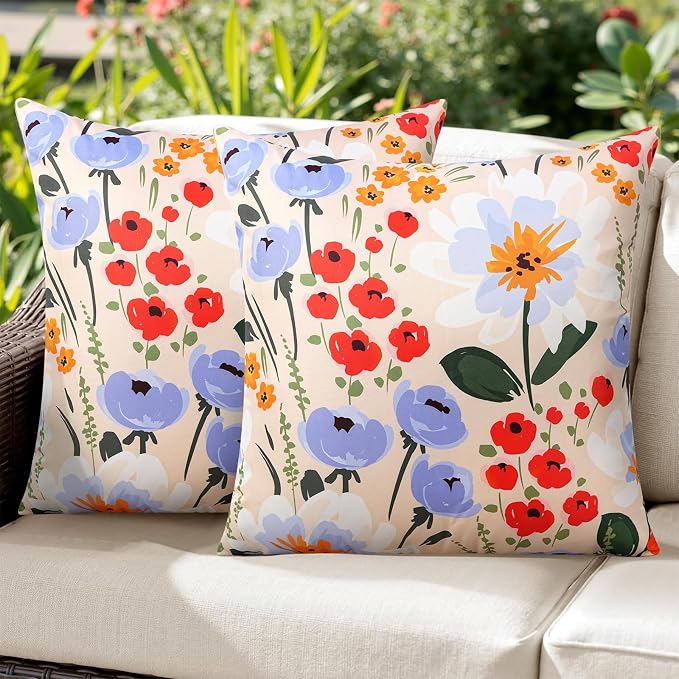 Merrycolor Waterproof Floral Pillow Covers 18x18 Inch Set of 2 Summer Accent Cushions Outdoor Decorative Square Couch Cushion Cases for Patio Garden Beach Sofa