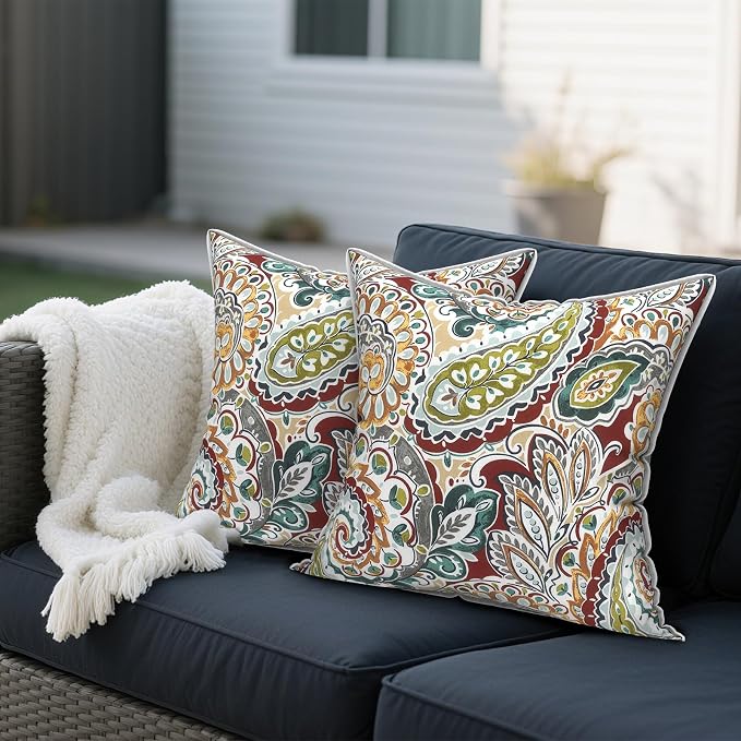 Outdoor Throw Pillows Inners, Fade Resistant Patio Furniture Square Pillows with Piping Set of 2 for Patio Furniture, 18x18 Inch, Paisley Chilli