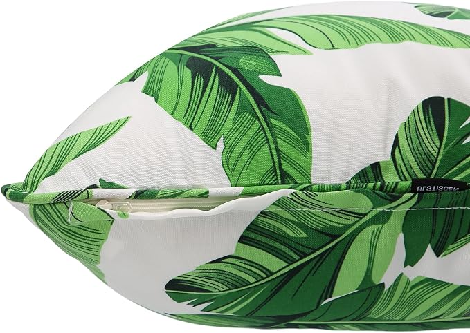 Outdoor Throw Pillow with Insert 18x18 Inch, Set of 2, Piping Edge Waterproof Fade Resistant Decorative Fluffy Pillows for Patio Furniture Chair Bench Couch Sofa - Green Leaves White