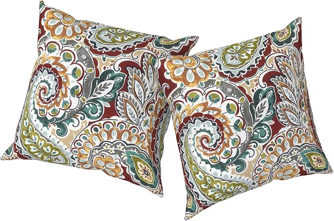 Outdoor Pillows with Insert 16x16 Inch, Waterproof Throw Pillow for Patio Furniture, Decorative Back Cushion for Garden Home Sofa Office Chair, Set of 2, Paisley Chilli