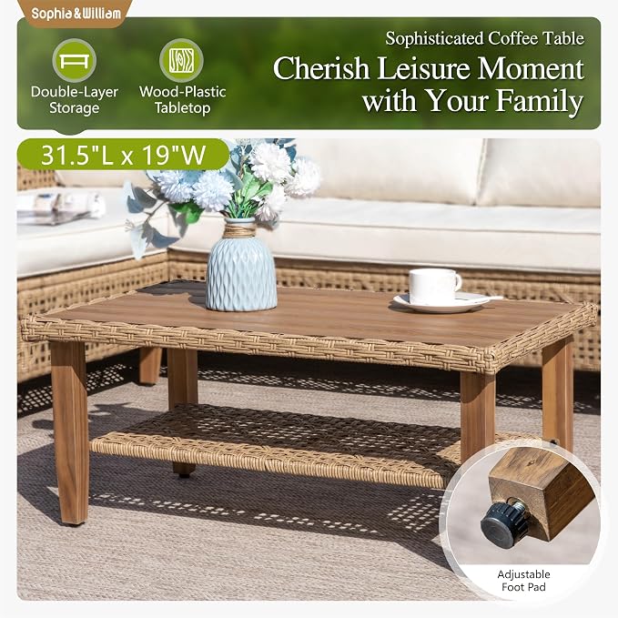 Sophia & William Outdoor Rattan Sofa Set with Thick Cushions & Coffee Table, Weather-Resistant Patio Furniture Set Sectional Couch for Patio Backyard Deck(Beige)