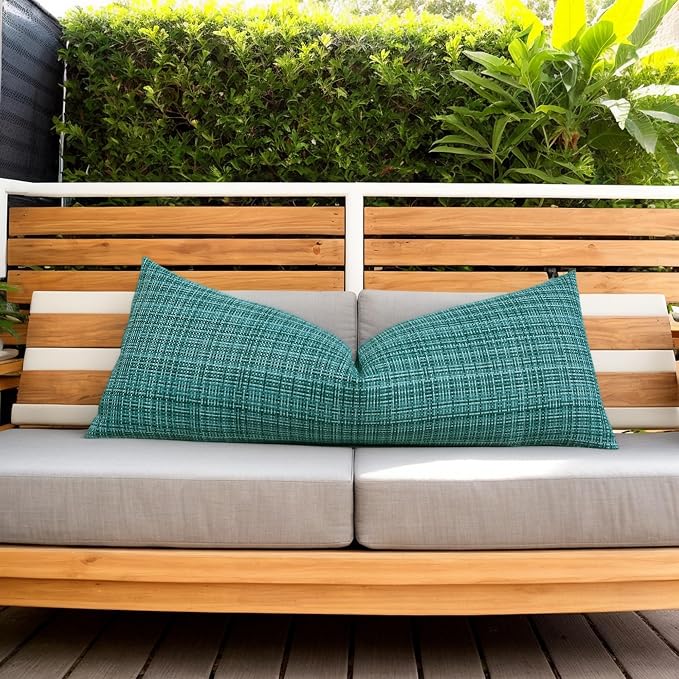 Kevin Textile Outdoor Waterproof 14"x36" Lumbar Pillow Cover 1 Pack, Teal | Water Resistant, Faux Linen Yarn-dyed, Woven Texture Throw Pillow Covers for Tent Patio Garden Couch Sofa