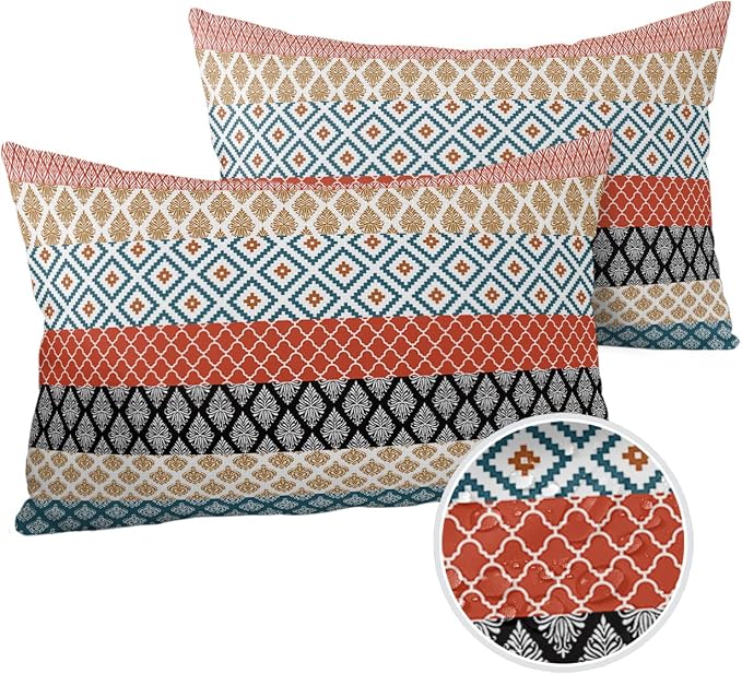 Outdoor Waterproof Throw Pillow Covers Boho Stripe Tribal Vingtage Lumbar Pillowcases Bohemian Style Pattern Decorative Pillows Cushion Case Patio Pillows for Couch Bed Garden 20 x 12 Inches