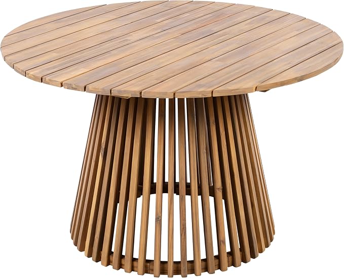 Christopher Knight Home Briar Farmhouse Acacia Wood Round Dining Table, Patio Dining Room Table with Unique Wooden Base for Backyard/Garden, Slatted Design Outdoor Dining Table, Light Teak