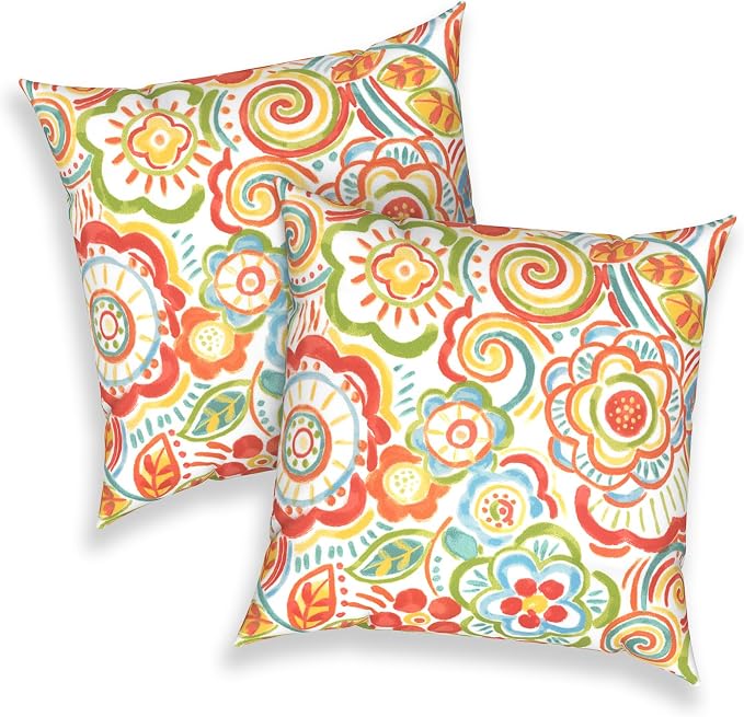 Outdoor Throw Pillows 16x16 Inch, Water Repellent Patio Pillows with Inners Set of 2 for Patio Furniture Home Garden, Flower Multi