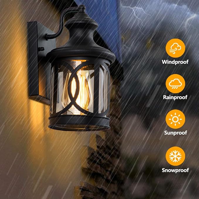 2-Pack Outdoor Wall Lights, Porch Lights, Waterproof Outdoor Wall Sconce, Exterior Light Fixture Matte Black with Clear Glass Shade for Garage Patio Front Door Balcony, 12in.